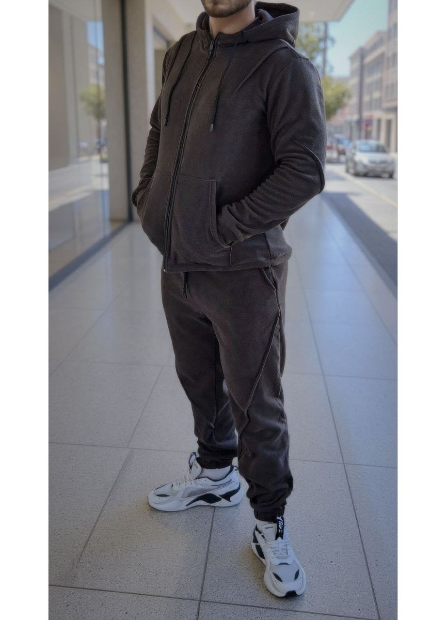 Коричневый костюм мужской теплый флис плотный брюки и соп тощие с капюшоном No Brand