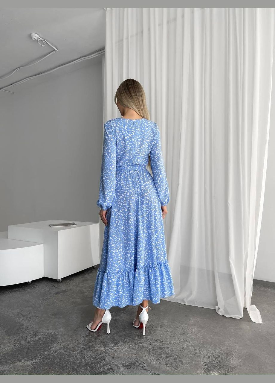 Голубое кэжуал женское легкое платье миди клеш Україна с цветочным принтом