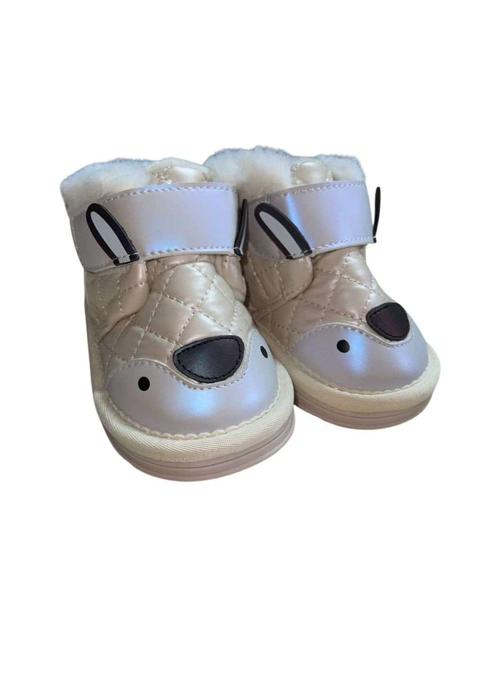 Бежевые дутики детские теплые на липучке с мордашкой ( 13,5см) (17266) Qoopixie