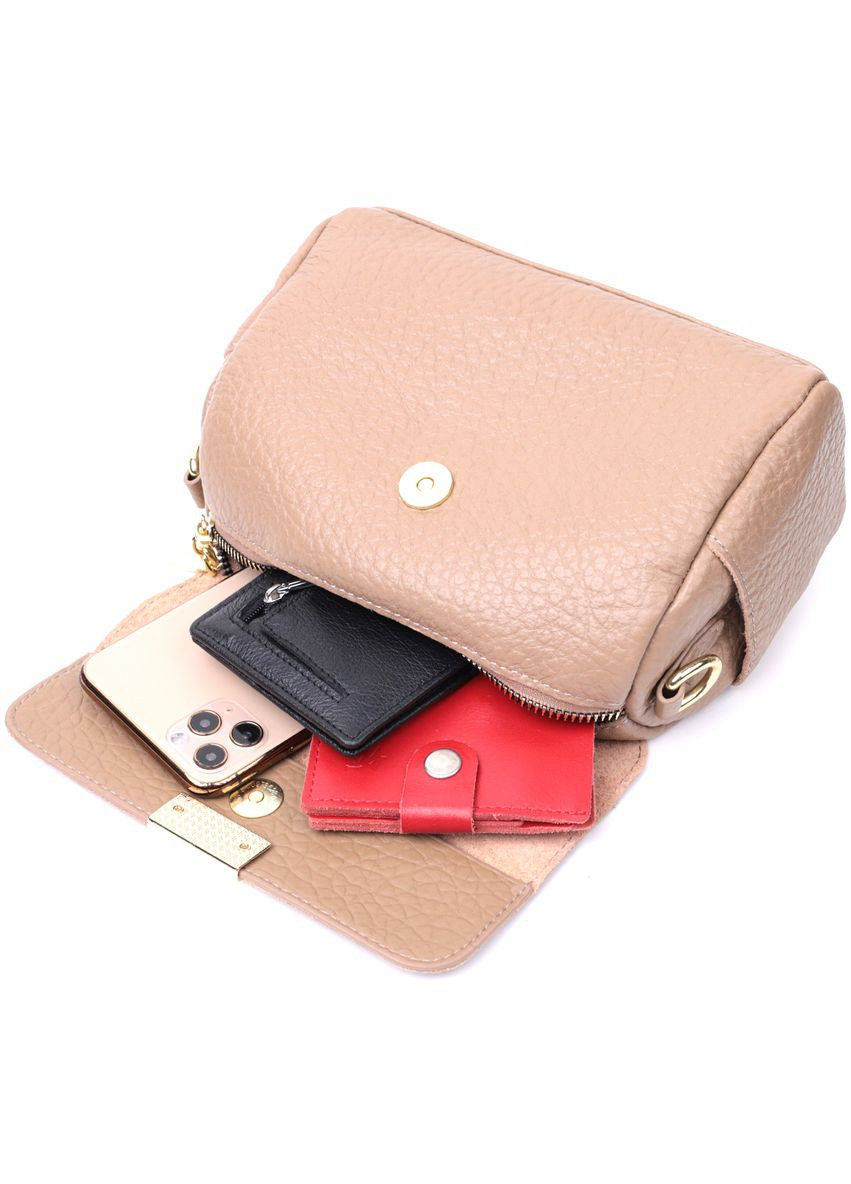 Модная кожаная женская кроссбоди с оригинальной плечевой лямкой бежевая 22403 Vintage (329198716)