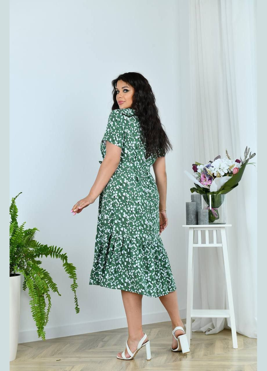 Зеленое повседневный, праздничный, кэжуал платье из натуральной ткани с оборкой No Brand с цветочным принтом