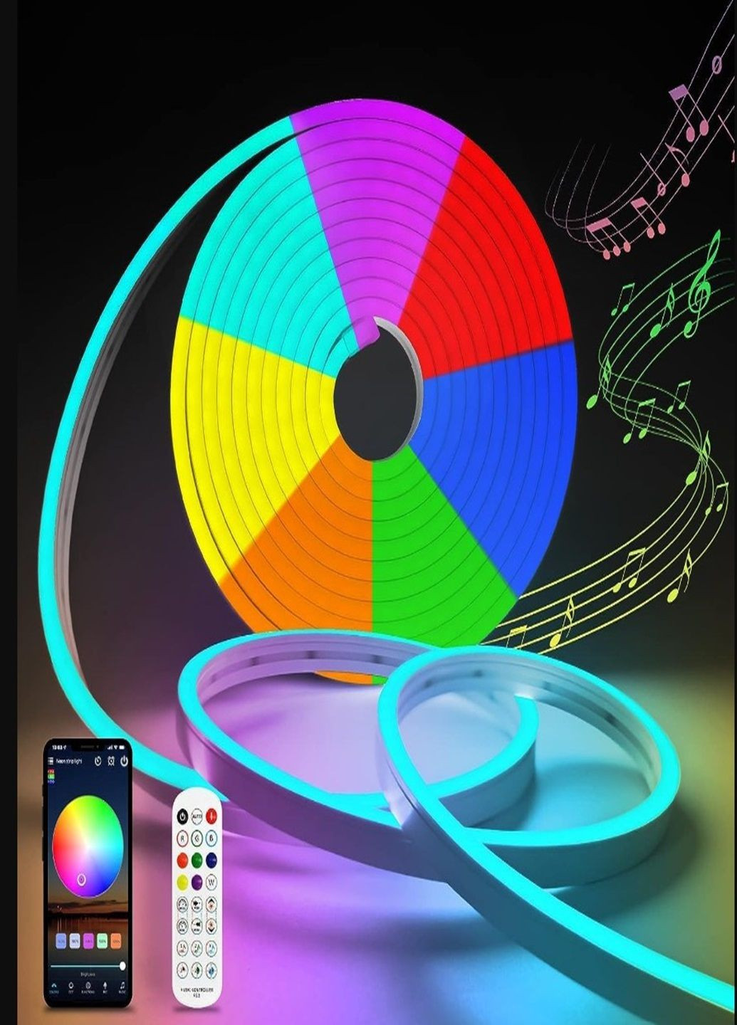Інтелектуальна неонова світлодіодна із синхронізацією музики з мікрофоном LED Стрічка RGB Color RGB з Wi-Fi або Bluetooth 5м No Brand (287339912)