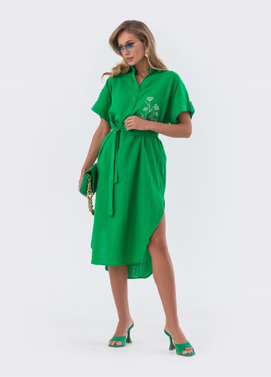 Зеленое зелёное платье-рубашка с поясом Dressa