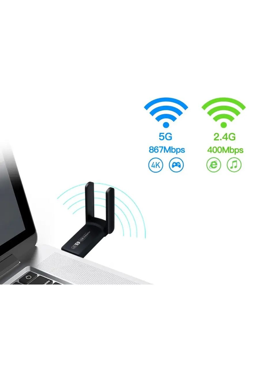 Дводіапазонний високошвидкісний адаптер WiFi + Bluetooth 4.2 перехідник FENVI AC1300 1300 Мбіт/с USB 3.0 2.4GHz + 5GHz No Brand (347607051)