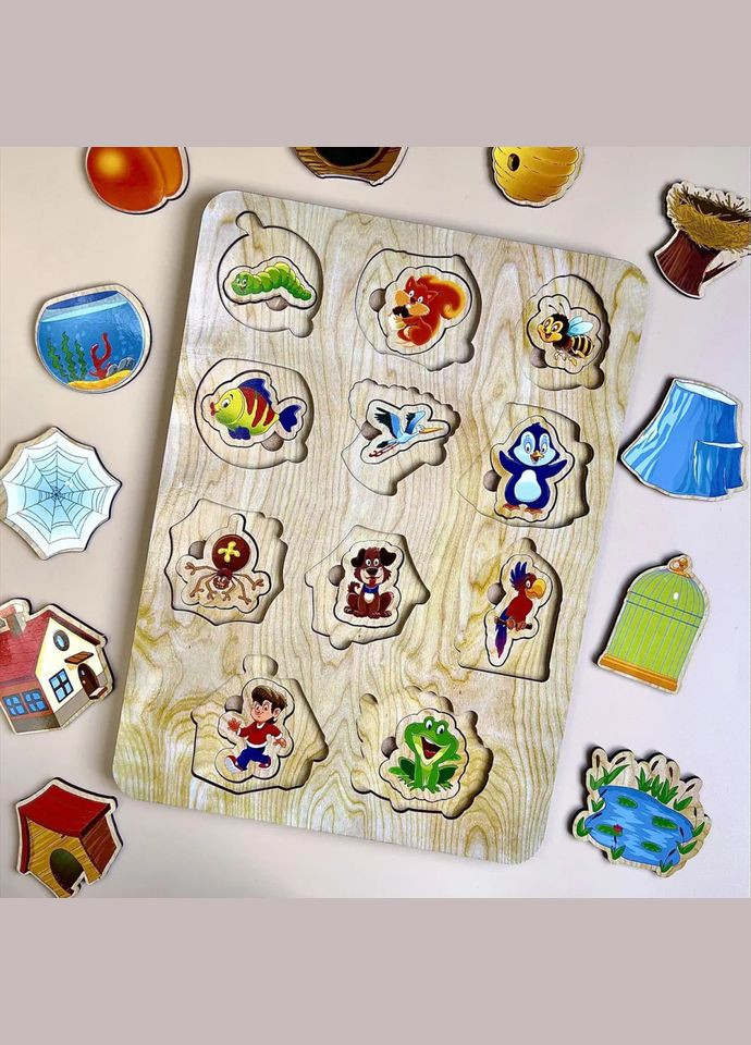 Деревянный пазлвкладыш Кто? Где живет?" (ПСД059) PSD059 сортер Ubumblebees (302385721)