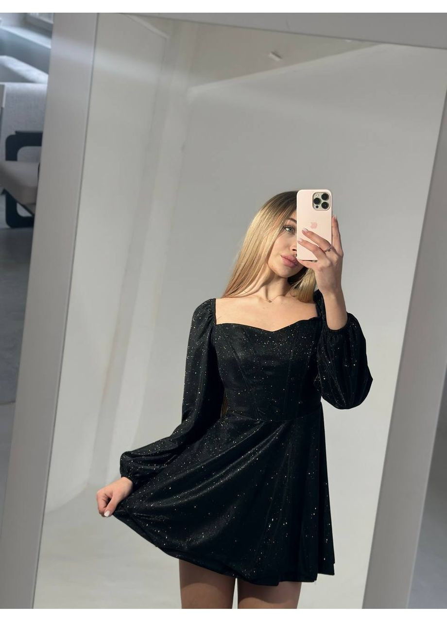 Чорна кежуал жіноча корсетна мінісукня з мерехтливим покриттям кльош Україна однотонна