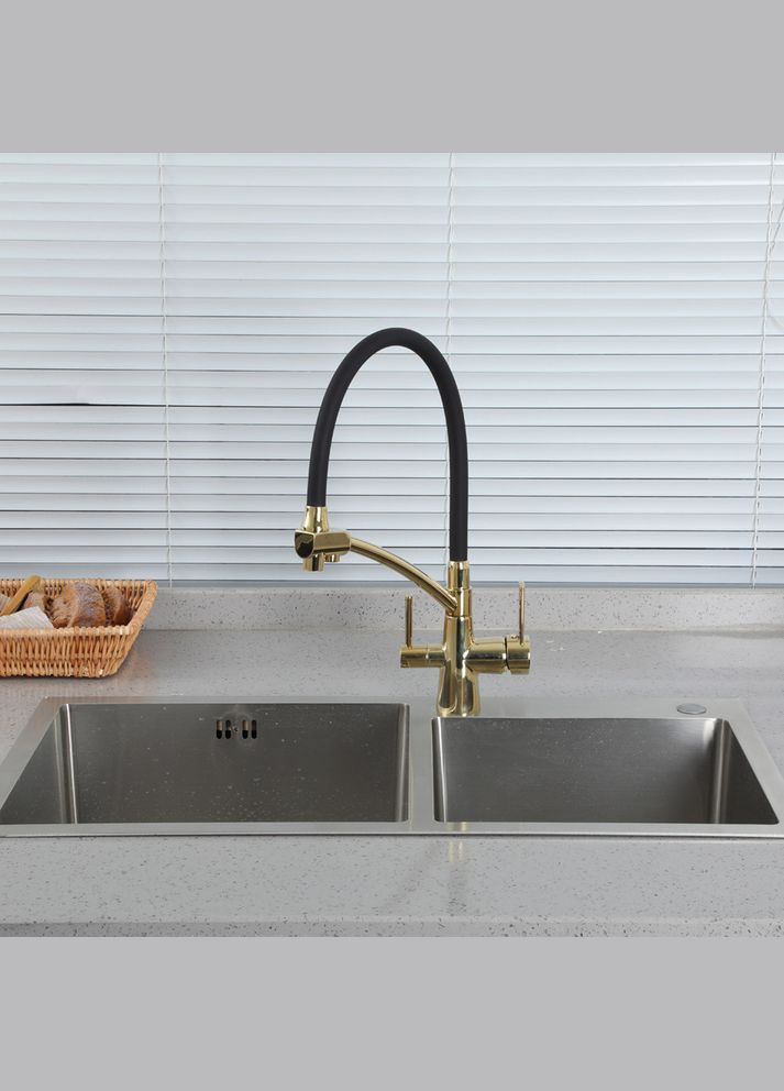Змішувач для кухні з підключенням фільтра питної води G439813, гнучкий вилив, золото/чорний GAPPO (278258976)