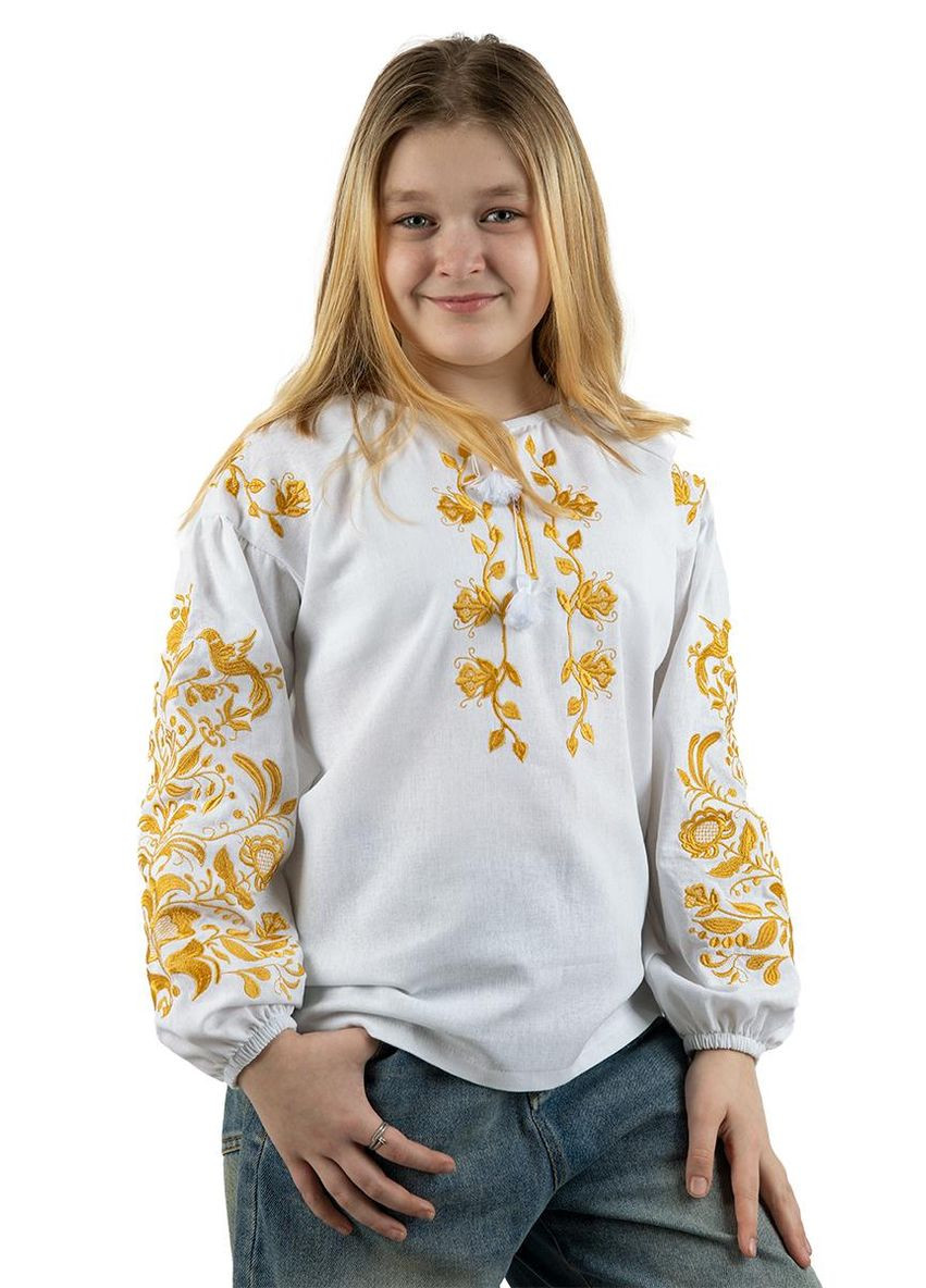 Белая вышивка блузка осуществление мечтаний льняная для девочки с золотистой вышивкой Україна лен (322055103)