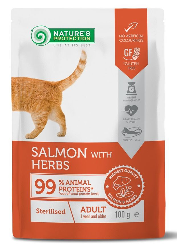 Вологий корм для стерилізованих котів Sterilised з лососем та травами 100 г NPUPF63659 Nature's Protection (352683303)