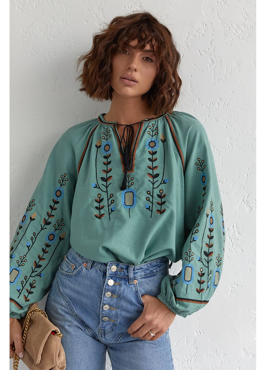 Бирюзовая женская вышиванка с пышными рукавами "васильки" ESQ прямой хлопок (349454602)