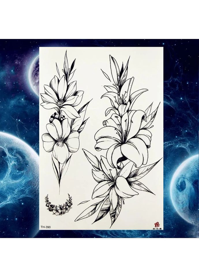 Тимчасове тату-набір Лілея чорна 21х15 см, Fine Line, контурні (TH390) Tattoo (366890970)