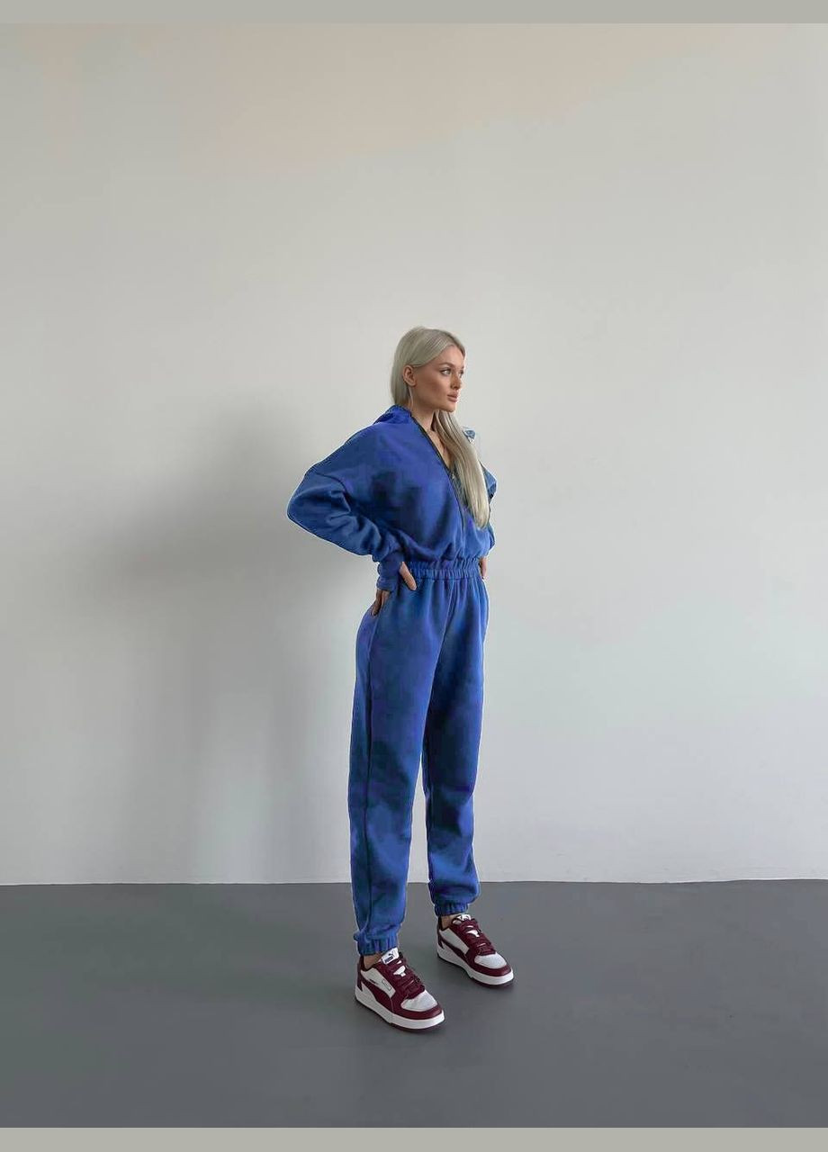 Однотонный демисезонный комбинезон из трёхнитки на флисе с капюшоном, комбез цвета электрик No Brand 828-2 однотонный синий