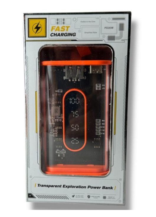 Портативный повербанк Power Bank с прозрачным корпусом и LED-индикацией заряда 20000 mAh Оранжевый (2104618816) No Brand (370606366)