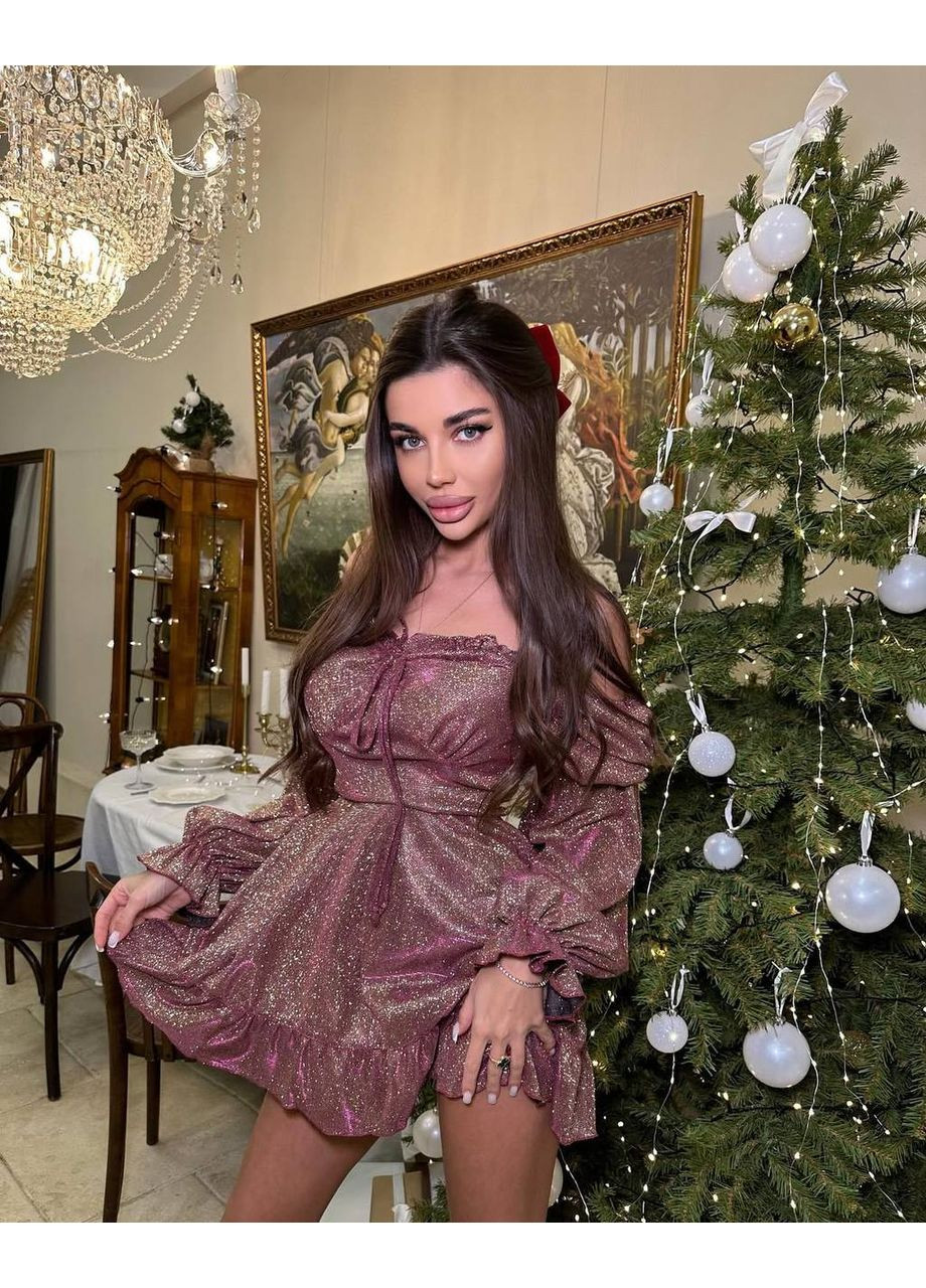 Світло-коричнева святковий мерехтлива сукня з люрексу “північне сяйво” — заміри в описі з відкритими плечима DK/DL Мода без кордонів однотонна