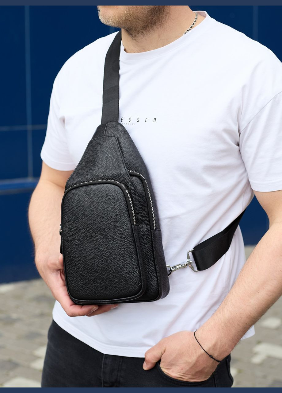 Мужская сумка-слинг из натуральной кожи, сумка через плечо черная, мужская сумка слинг 34091 Tiding Bag (359380774)