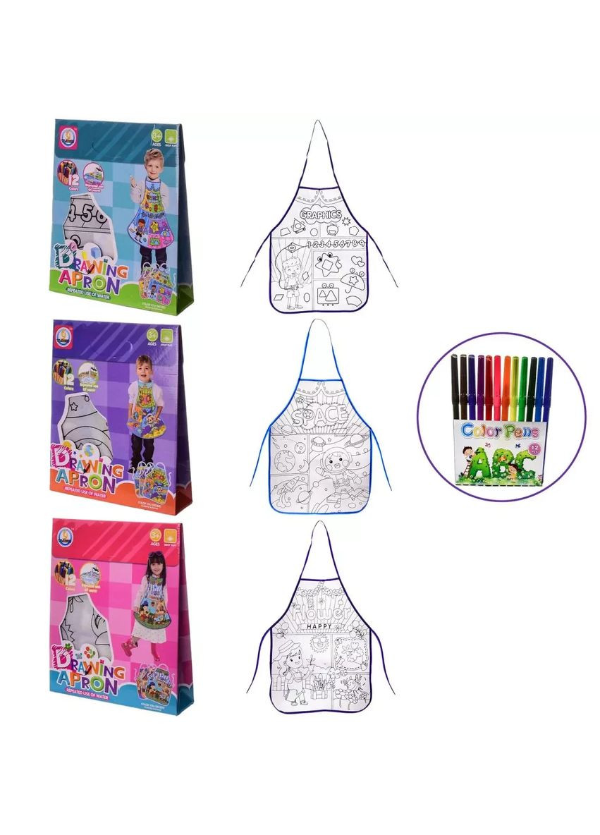 Розмальовка водою з фламастерами та фартух Z185-10D/G/H в асортименті 3 види, розмір 36*46см No Brand (362430086)