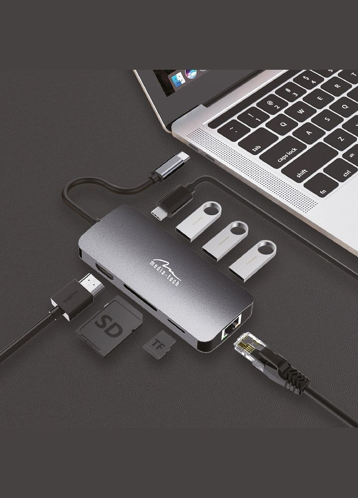 Докстанція USB3.1 Type-C --> HDMI/USB 3.0x3/RJ45/SD/MicroSD/PD 100W Hub Pro 8-in-1 Media-Tech (315502975)