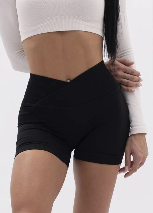Велосипедки спортивні короткі жіночі з ефектом пушап та V-подібним поясом в рубчик чорні No Brand (338425431)