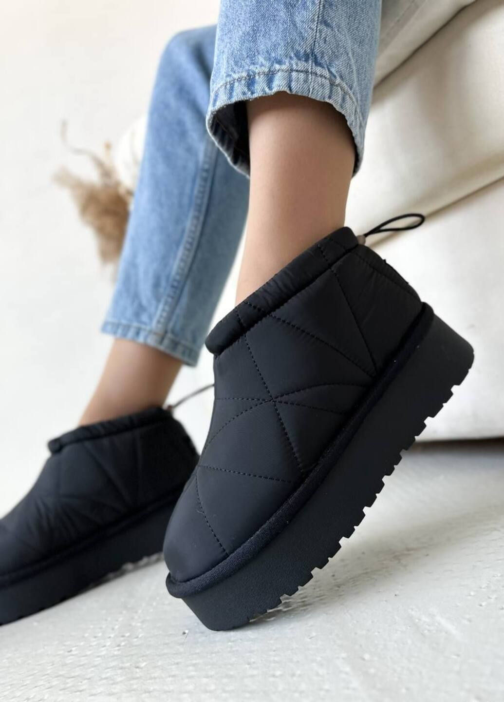 Черные дутики женские из водонепроницаемой плащевки, с натуральным мехом Ouqidageni