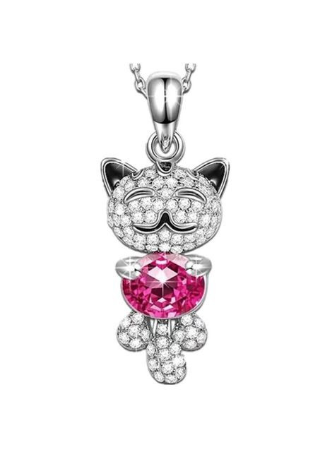 Цепочка с кулоном серебристый сапфировый довольный котик держит красный камень Liresmina Jewelry (285814463)