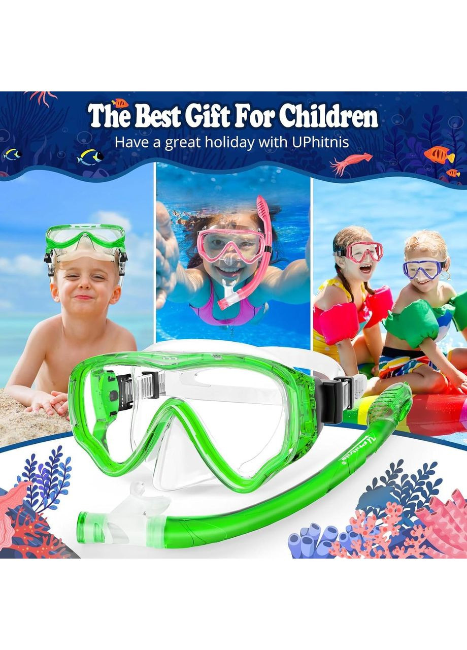 Дитячий набір для снорклінгу з трубкою, маска для підводного плавання, дайвінгу з захистом від запотівання, зелена No Brand (362346343)