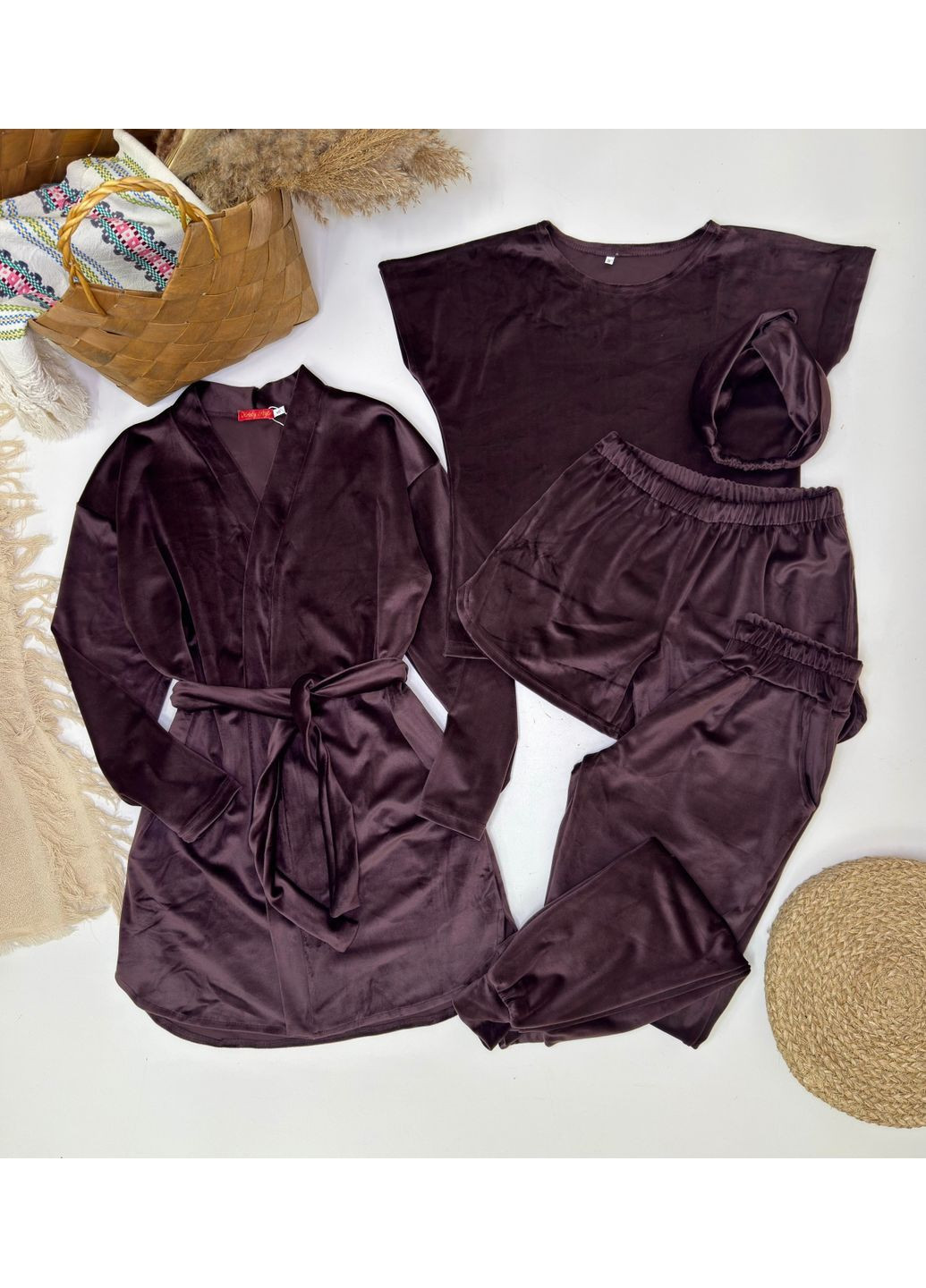 Темно-лиловая всесезон велюровая пижама из 5 предметов Україна
