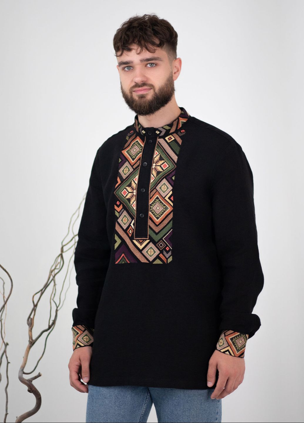 Чорна вишиванка чоловіча чорна 255-25/00 Edelvika льон (351516895)