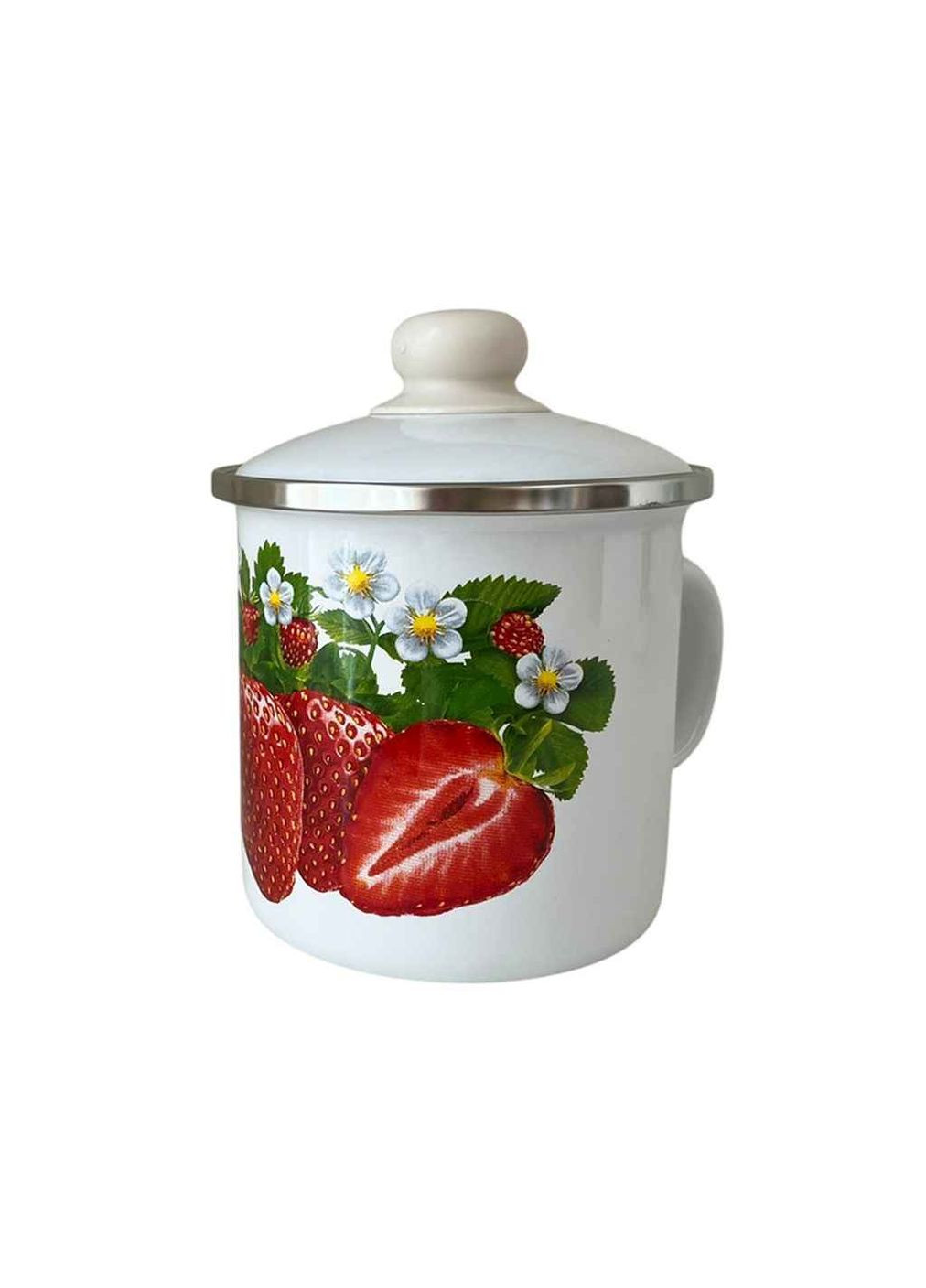 Кружка ем. 1л /2 с н/ж ободком и крышкой "Клубника (белая)" I0207/2 Idilia (366816311)