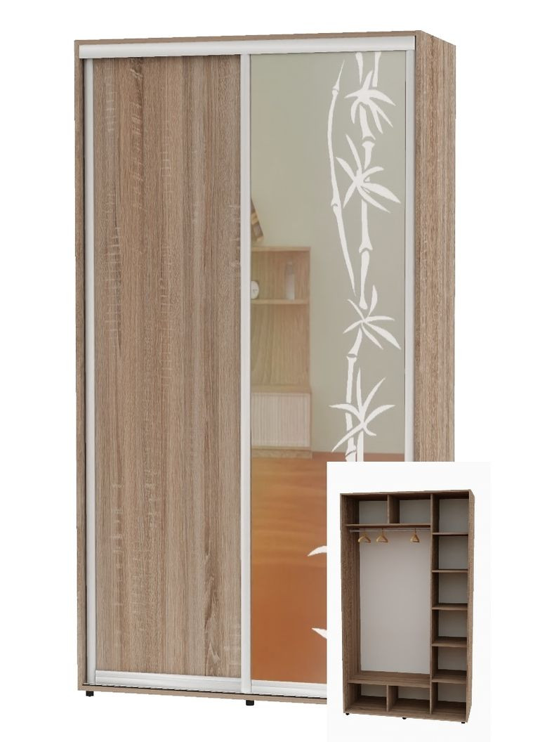 Шкаф-купе двухдверный 160*60*230 Дуб Сонома трюфель ДСП/Зеркало с пескоструйным рисунком Алекса (360452819)