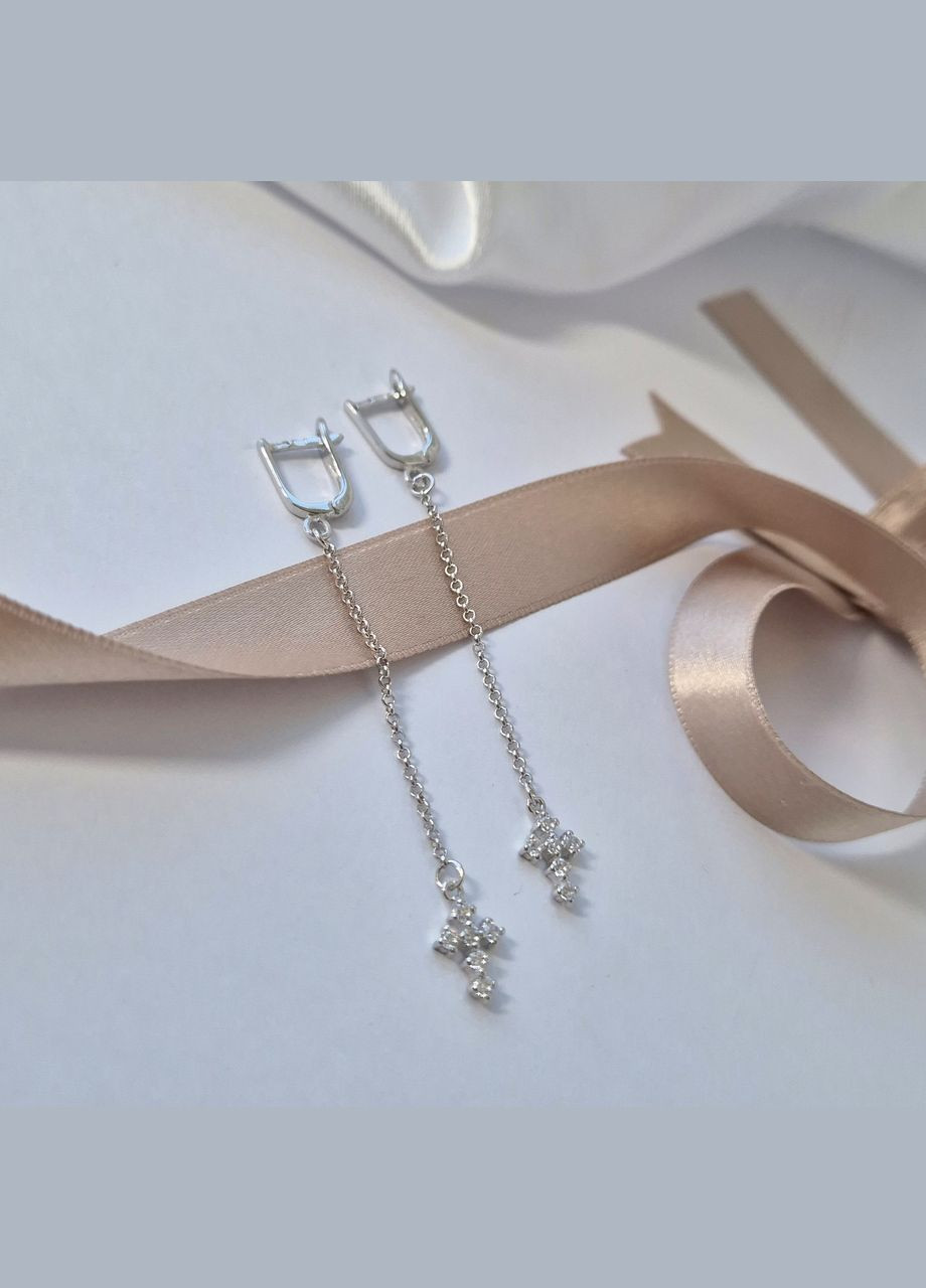 Срібні сережки з підвіскою Хрести на ланцюжку з Білими каменями срібло 925 проби родоване 53101р 2.60г No Brand (322426394)