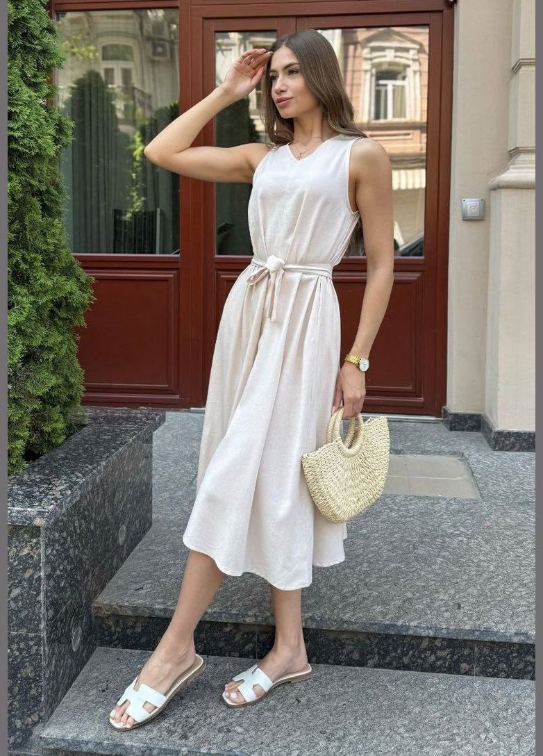 Светло-бежевое элегантное летнее платье турецкий лен No Brand
