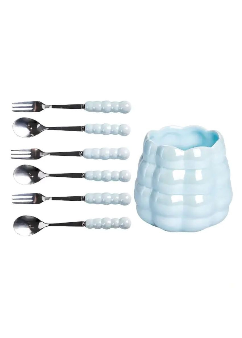Набор десертных вилок и ложек на 3 персоны с подставкой из керамики 7 предметов Голубой HP-20-57 (A-033752) Yiwu (352274542)