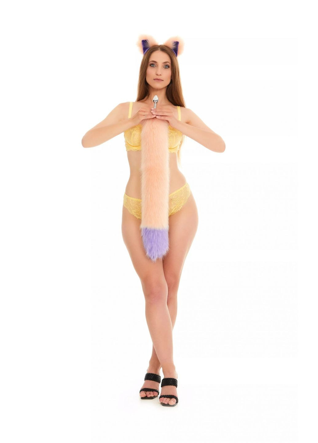 Анальный меховой хвост без пробки, Персиковый с фиолетовым кончиком, 60 см. OKOVA (315149107)