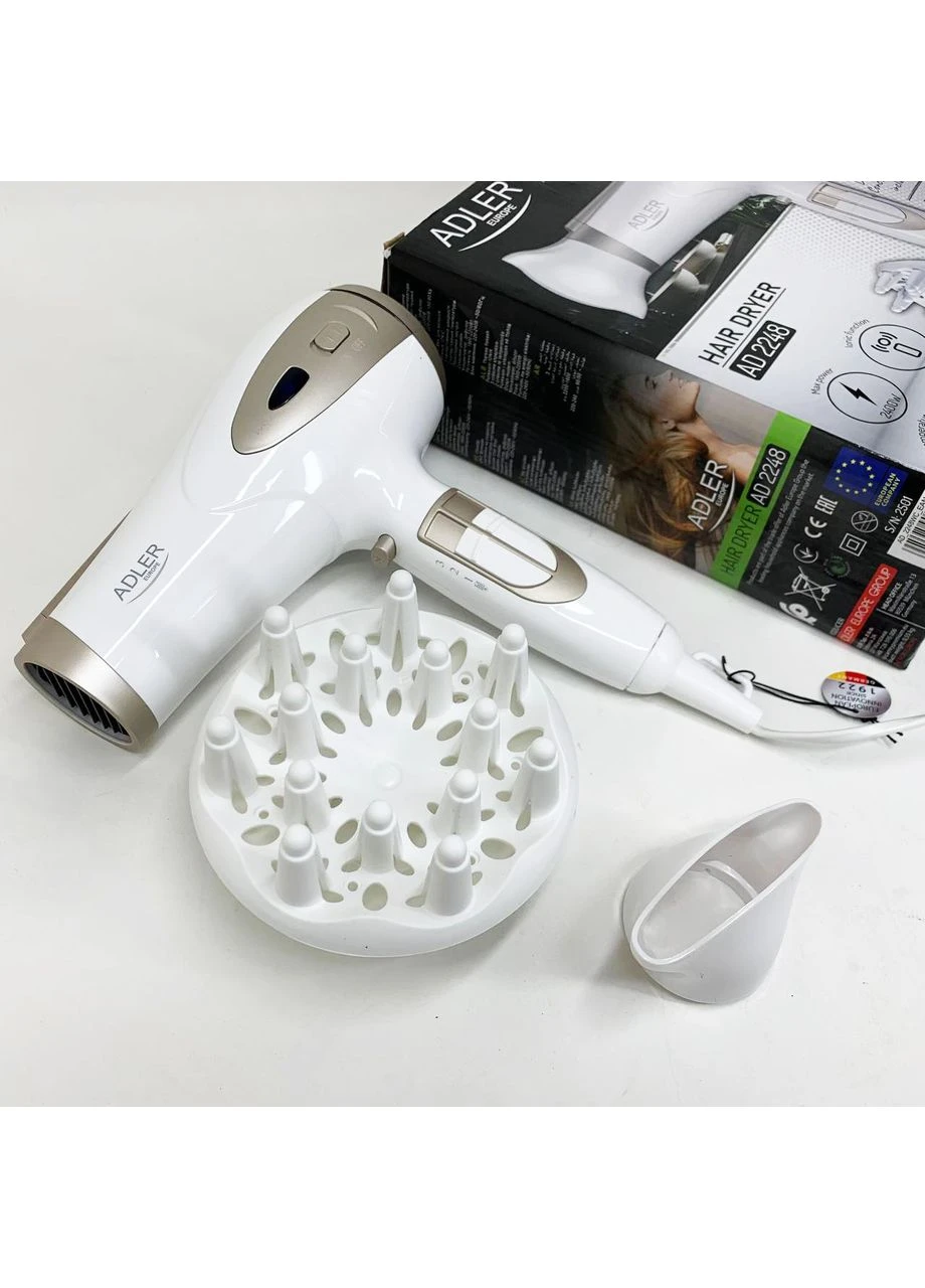 Электрический фен для волос AD-2248 White 2400Вт для укладки и сушки с насадками с ионизацией Adler (398968013)