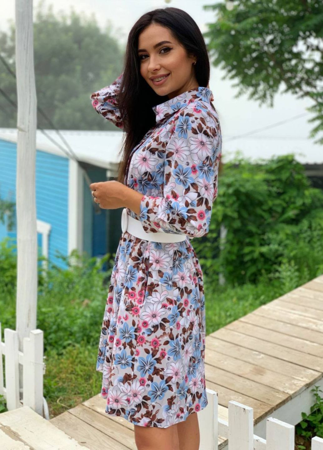 Серое повседневный платье-рубашка на пуговицах рубашка Allthings с цветочным принтом