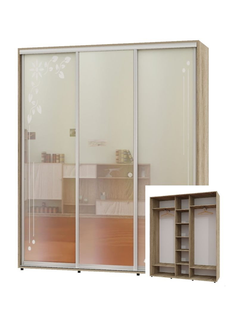 Шафа-купе тридверна 220*45*230 Дуб крафт сірий 2 Дзеркала з піскострумним малюнком/Дзеркало ШК-04 Алекса (360477792)