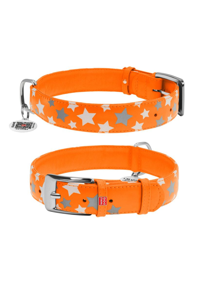 Нашийник для собак шкіряний Glamour візерунок "Зірочка" світний/світловідбивний Ш 35 мм Дл 46-60 см WAUDOG (323159780)