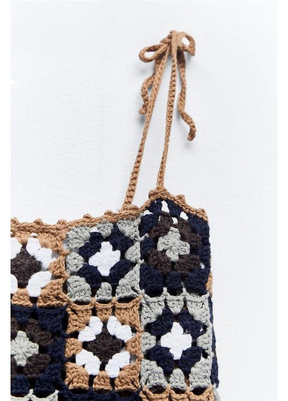 Коричнева коротка лляна сукня з в’язаною гачком вставкою Zara