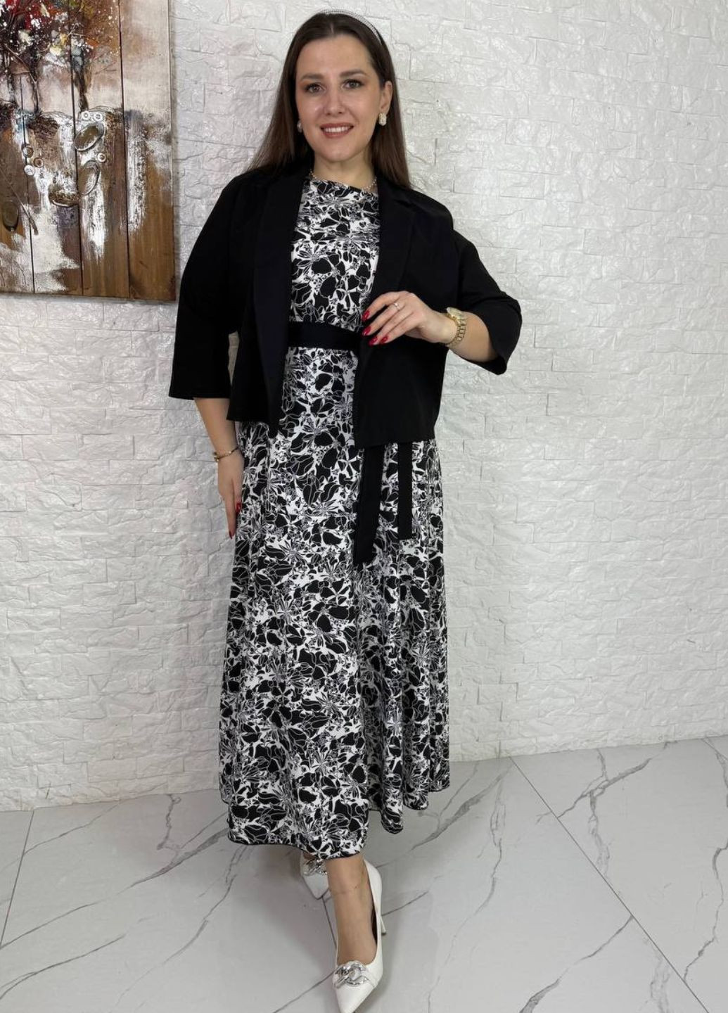 Жіночий комплект із сукнею з софту та лляним жакетом із поясом Tik-Tak (340334663)