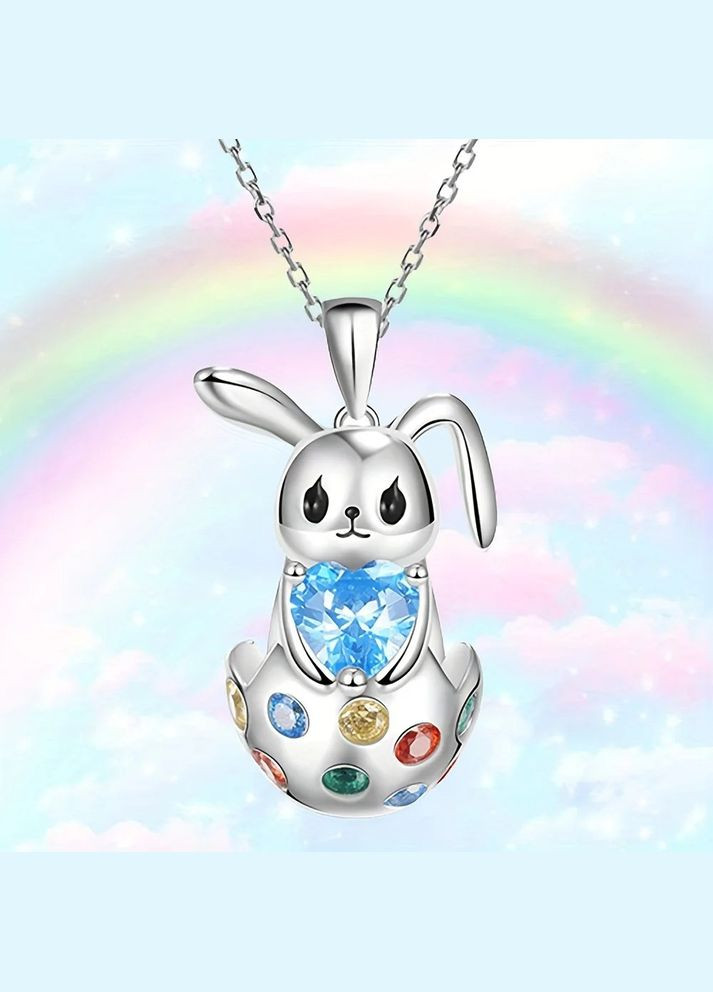 Ланцюжок з кулоном Симпатичний Зайчик із сердечком блакитний камінь фіаніт Великодній кролик сріблястий Liresmina Jewelry (290664060)
