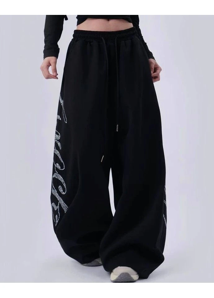 Широкі штани з двонитки, декоровані камінчиками, oversize, стиль street-style — ЗАМІРИ В ОПИСІ Vione (384497126)