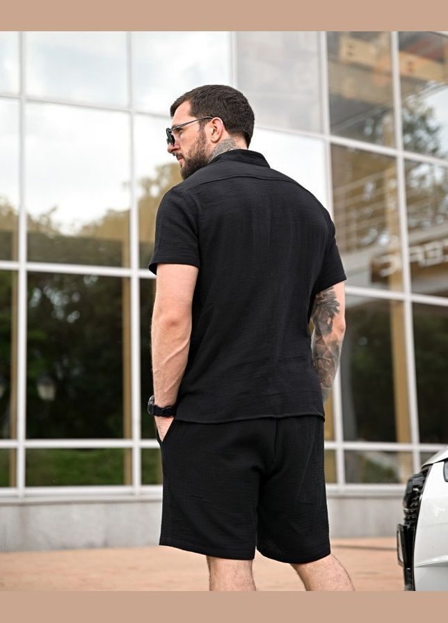 Мужской летний костюм шорты и рубашка черный однотонный Freedom (338792903)