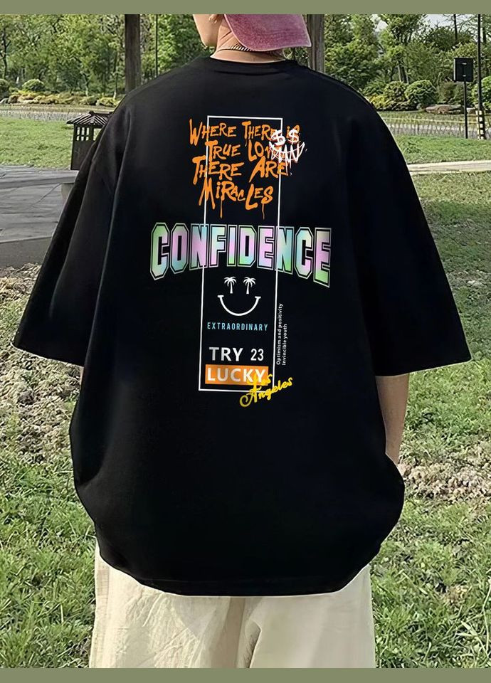 Комбинированная черная модная мужская оверсайз футболка с ярким принтом No Brand