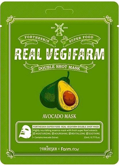 Маска для обличчя з екстрактом авокадо Super Food Real Vegifarm Double Shot Mask Avocado 23ml (1177539-118939) Fortheskin (368602139)
