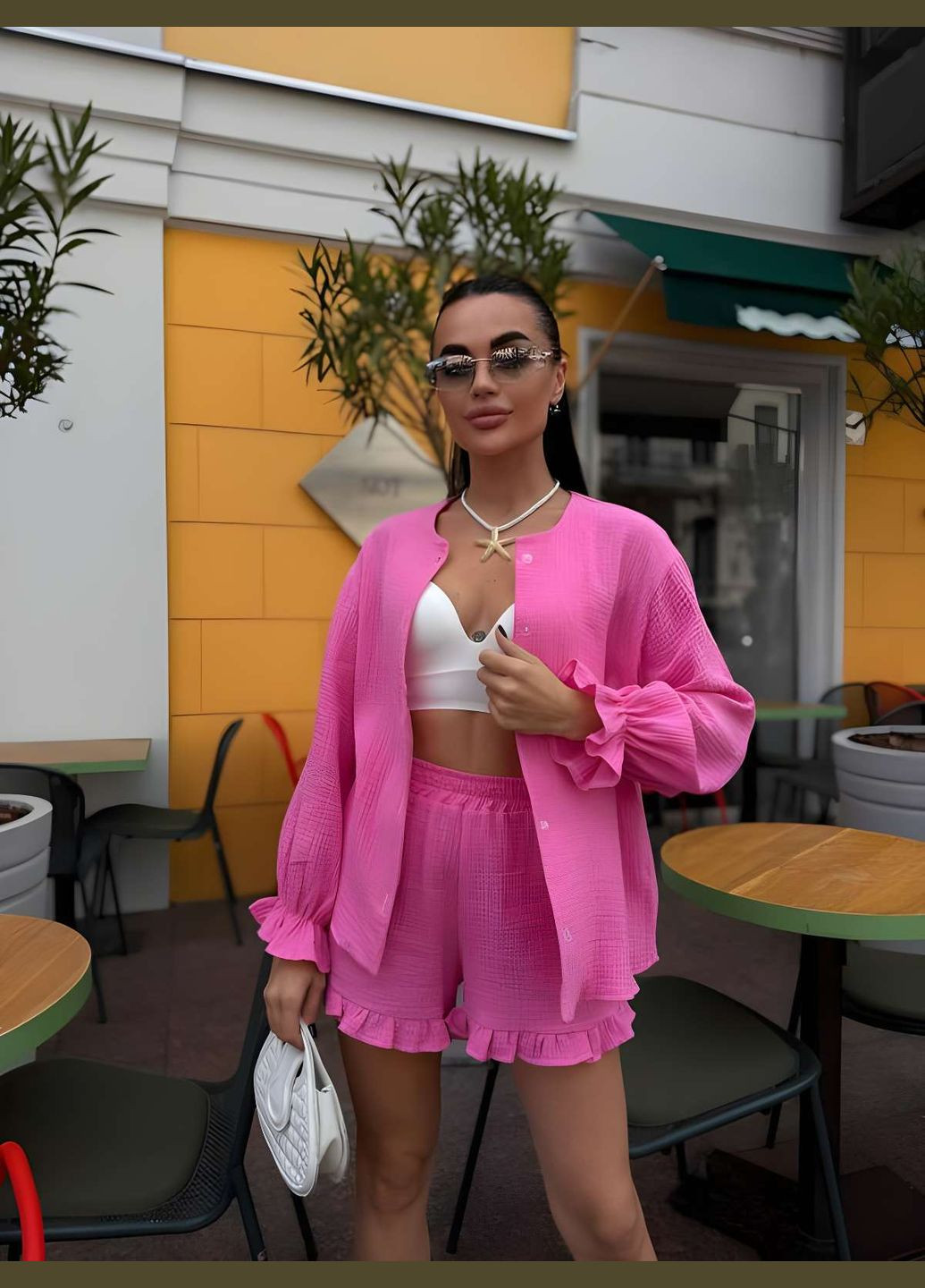 Жіночий літній мусліновий костюм костюмчик сорочка і шортики темно-бежевий No Brand (333143198)