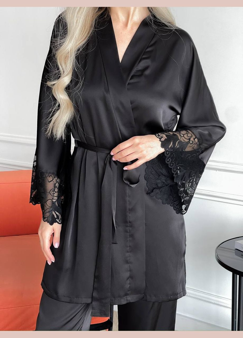 Чорний демісезонний неймовірно стильний домашній комплект халат та штанці Vakko