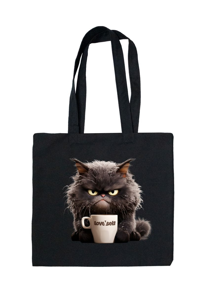 Экосумка из габардина черная с принтом Кот с клфе Love Self (DTF) 38х36 4PROFI (369757520)