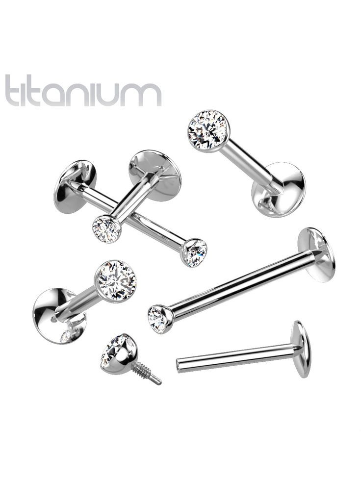 Сережка лабрет з титану для пірсингу вуха, губ TIL03L-16043-C з кристалом (1.2мм; 4мм Сріблястий) Spikes (333698149)