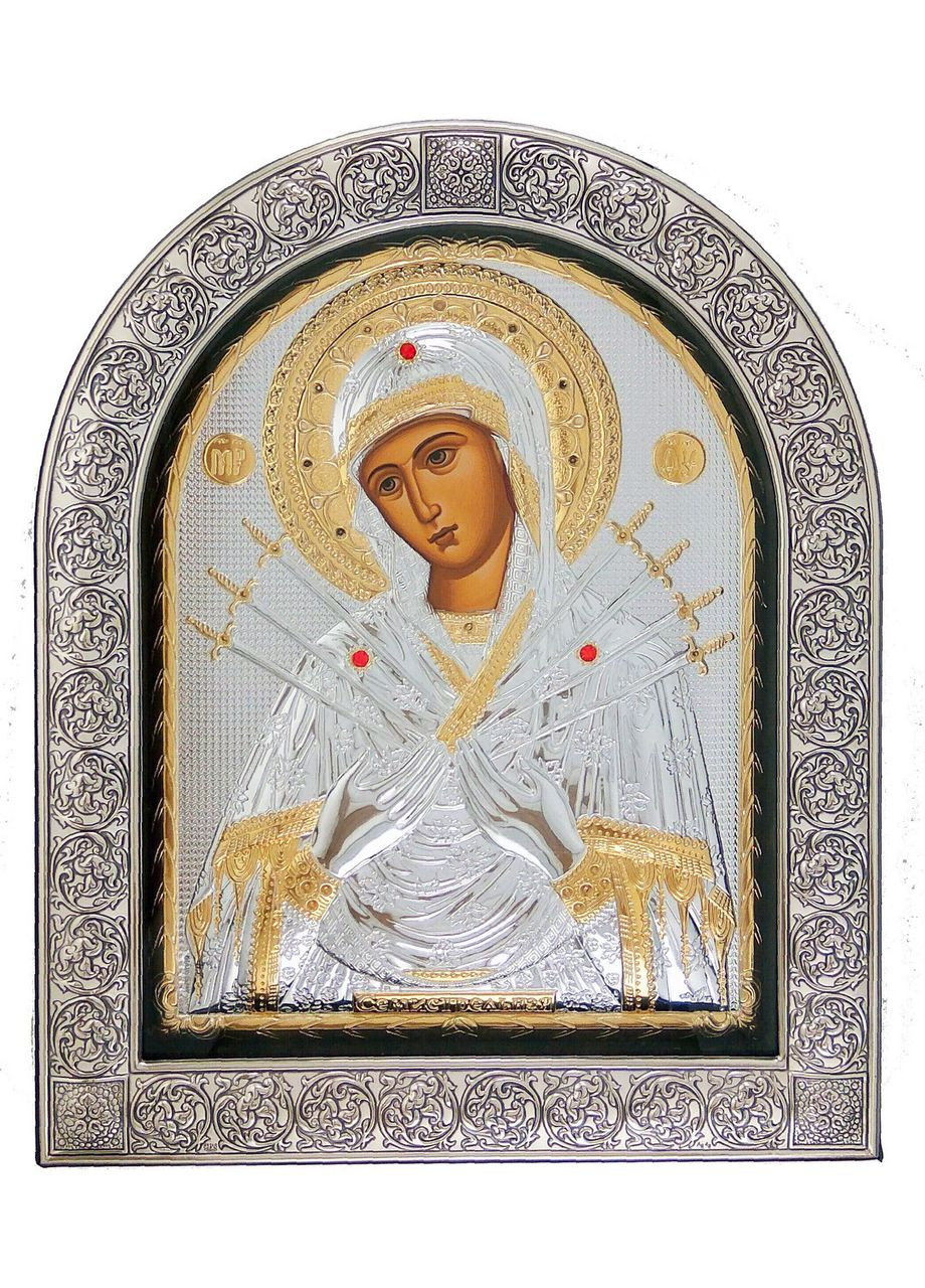 Семистрільна 21х26 см Срібна Ікона Божої Матері під Склом, обгорнута в темну шкіру (Греція) Silver Axion (266266136)