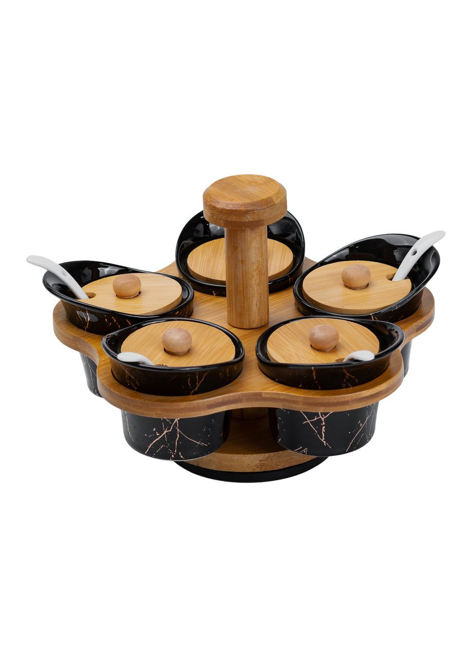 Набор банок для сыпучих продуктов 5 штук по 120 мл на поворотной подставке Черный мрамор Yiwu (360454788)